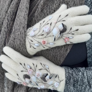 Knitted and felted winter gloves with embroidery birds and roses,soft and casual winter accessories,lovely Mothers Day gift for her.