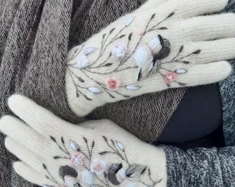 Knitted and felted winter gloves with embroidery birds and roses,soft and casual winter accessories,lovely Mothers Day gift for her.