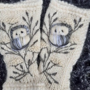 Hand knitted fingerless gloves with embroidery owl,wool fingerless mittens,arm warmers,winter accessories,soft and casual Christmas gift.