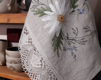 Embroidered linen towel,vintage tea towel with embroidery flowers,lovely Easter gift for romantic home,pure linen dish towel,HYGGE home.