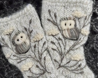 Hand knitted fingerless mittens with owl and snow glitter,winter accessories,wool arm warmers, gray and white,Christmas gift,gift for her.