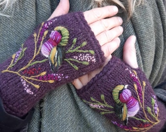 Hand knitted fingerless mittens, accessories,gift for her,womens fingerless gloves,embroidery,birds and Scottish heather,purple and green.