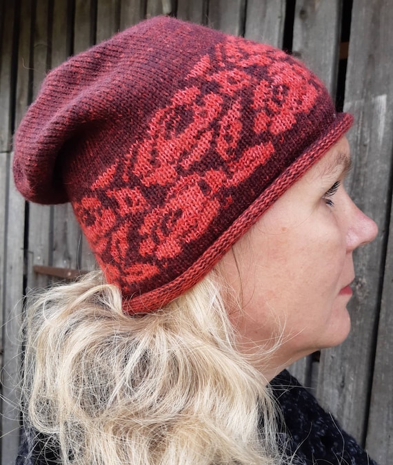 Knitted beanie hat with roses,soft and casual winter accessories,lovely  Christmas gift for her,red and orange,comfort winter