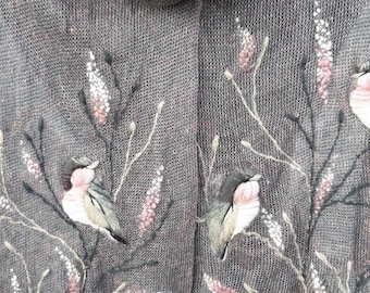 Embroidered linen scarf with birds and Scottish heather,summer accessories,eco friendly linen scarf,lovely gift for her,gray and pink.