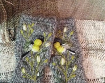 Hand knitted fingerless mittens, accessories,gift for her,womens fingerless gloves,embroidery,birds and flowers,gray and green,Eco life.