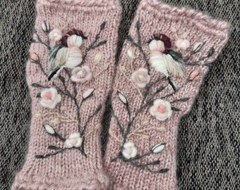 Hand knitted fingerless gloves with embroidery bird,soft and casual Mothers Day gift,gift for her,spring accessories,arm warmers,Eco life.