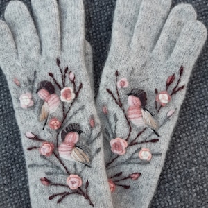 Knitted and felted winter gloves with embroidery bird and roses,soft and casual knitted accessories,lovely Mothers Day gift,gift for her.