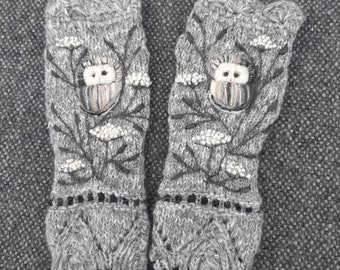 Hand knitted fingerless mittens with embroidery owl,embroidered arm warmers,soft and casual Easter gift for her,owl collection.