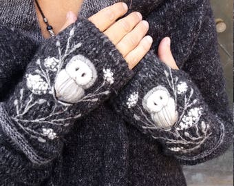 Hand knitted fingerless mittens, accessories,arm warmers,gift for her,womens fingerless gloves,embroidery,owls and flowers,gray and white.