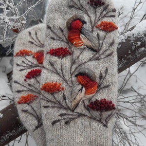 Knitted and felted lined winter mittens with embroidery bird and rowan,soft and casual Christmas gift,double mittens,winter accessories.