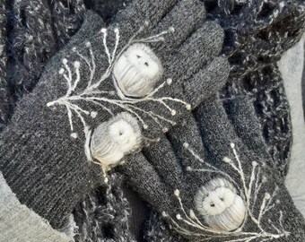 Knitted and felted wool gloves with embroidery owl,dark gray and white,gift for him,casual and warm winter accessories,gloves for men.