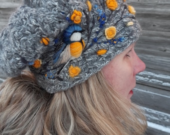 Hand knitted slouchy beanie hat with embroidery bird and roses,embroidered winter hat,lovely Mothers Day gift,gift for her,gray and yellow.