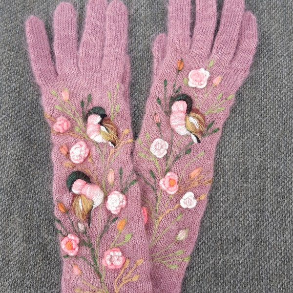Merino wool knitted gloves with embroidery bird and French roses,winter accessories,soft and casual gift for her,embroidered gloves.