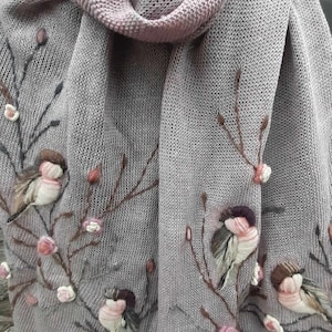 Embroidered linen scarf with birds and roses,summer accessories,eco friendly linen scarf,lovely gift for her,beige and pink,summer scarf.