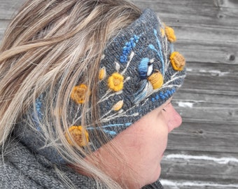 Knitted ear warmer with embroidery bird and roses,soft and casual winter headband,winter accessories,lovely Valentines Day gift for her.