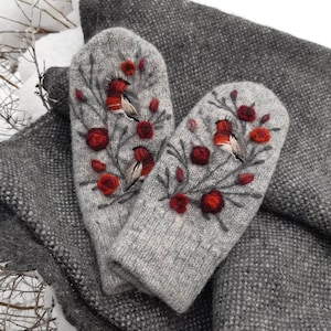 Knitted and felted lined winter mittens with embroidery bird and roses,soft and casual winter accessories,lovely Valentine Day gift for her.