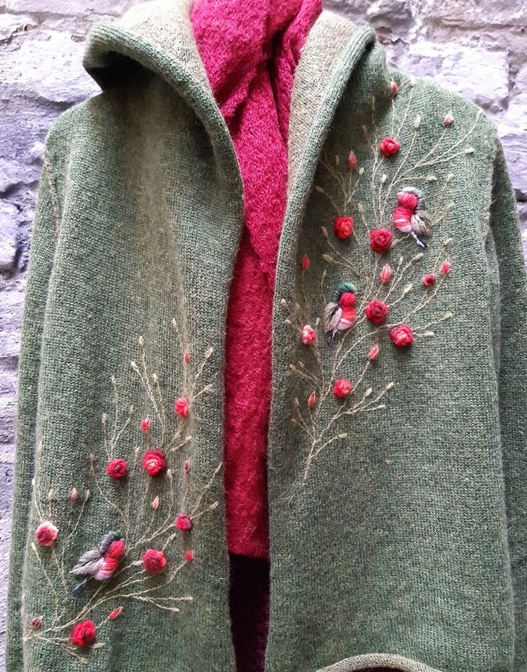 Knitted Merino Wool Cardigan With Embroidery Birds and Roses,soft and ...
