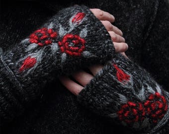 Hand knitted fingerless gloves with embroidery roses,lovely Valentines Day gift,gift for her,soft and casual accessories,arm warmers.