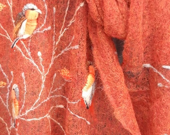 Embroidered mohair scarf with birds and rowan,soft and casual accessories,lovely birthday gift,orange and beige,comfort life,Christmas gift.