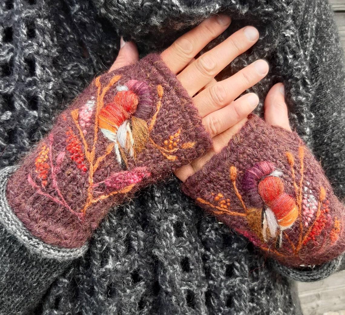 Hand Knitted Fingerless Mittens With Embroidery Bird,winter Accessories ...