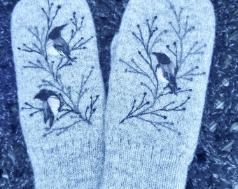 Knitted and felted lined winter mittens with embroidery crow,winter accessories,soft and casual Christmas gift for him.