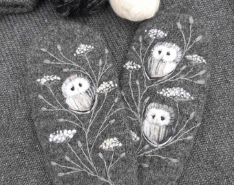 Knitted and felted lined winter mittens with embroidery owl,soft and casual double mittens,winter accessories,lovely Christmas gift.