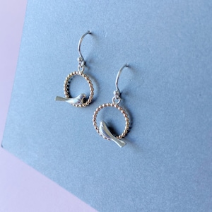 Dangle twisted ring and bird earrings|delicate silver bird earrings| bird jewelry|cool bird earring|14k gold filled & silver bird earring