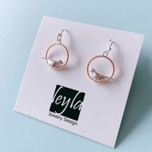 Dangle twisted ring and bird earrings|delicate silver bird earrings|baby bird jewelry|cool bird earring|14k gold & silver bird earring