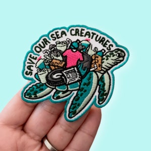 Save Our Sea Creatures Turtle Embroidered Iron-on patch, eco-friendly