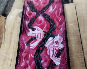 Handmade Guitar strap - skulls chains and pink flames