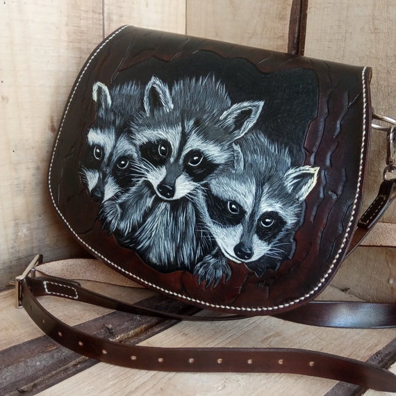 Handmade Leather Bag: Raccoon Shoulder Bag, Tooled Animal Purse