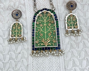 German Silver Pendant,Inlay work,Green color Glass Quartz Stone Pendant,Dangle and Drop Earrings,Matar Mala Chain Indian Bollywood Necklace