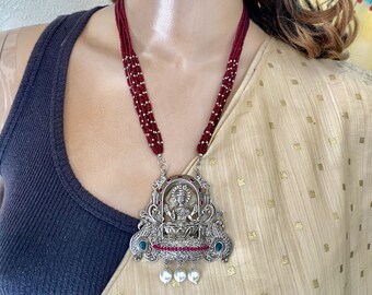 Silver Matte Finish,Temple Pendant,Jhumka Earrings,Small beaded mala necklace,Ruby-Green Kemp Stone,South Indian Jewelry,Ethnic Necklace