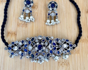 Silver Oxidized Choker Necklace with Stud Earrings,Indian Bollywood Jewelry,Bohemian Glass Quartz Ruby,Green,Blue,White Stones Jewelry