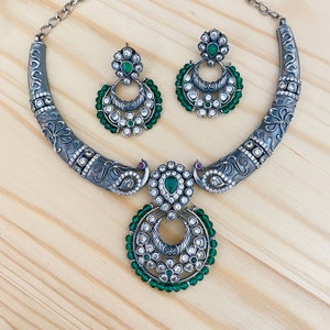 German Silver Oxidized Hasli Peacock Necklace,Chandbali,Jhumka Earrings,Green,Clear Stones Necklace,Indian Bollywood Silver Oxidized Jewelry