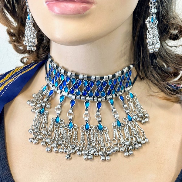 Afghani Necklaces,Blue color Choker Glasswork Ghungroo tassel Necklaces,Tribal,Boho,Statement Mirror Choker Jewelry,Bollywood Fashion Set