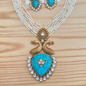 Polki Stone Long Necklace mala,Carved Stone Peacock,Drop shaped Pendant Fusion Necklace,Dangle Earrings,Pearl Long Mala,Indian Jewelry,