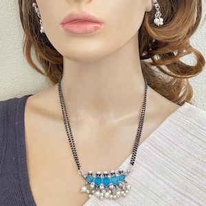 Silver Oxidized Pendant Mangalsutra (AD)Necklace,Black beads,Aqua-White Quartz Stone Pendant,Indian Bollywood Jewelry,Indian Bridal Jewelry