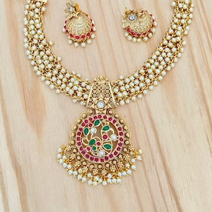 Matte Gold Finish,Ruby-Green Kemp Stone Necklace,Round Lightweight Stud Earrings,Kempu Pendant,South Indian wedding Bollywood Jewelry