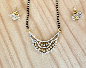 American Diamond Mangalsutra (AD)Necklace,Black beads,Gold Plated,Small Mangalsutra,Indian Bollywood Jewelry,Indian Bridal Jewelry
