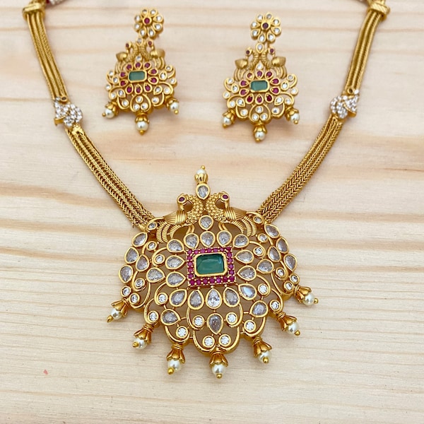 Matte Gold Finish,Ruby-Green Kemp Stone Pendant Necklace,Lightweight Earrings,Indian Bollywood Ethnic Jewelry,South Indian Jewelry,