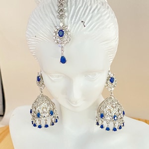 American Diamond Jhumka Earrings and Maang Ka Tikka Combo,CZ Stone Silver Plated Jewelry,Indian Forehead Jewelry,Pakistani Jewelry,Jhoomar