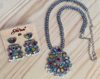 Oxidized German Silver Long Necklace with Peacock Pendant,matching Earrings,Black metal,pearl hangings,Black,Green,Mint, Pink Stone Necklace