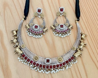 German Silver,Dual Tone,Kemp Stone Hasli Necklace with Nandi Motif,Chandbali Earrings, Indian Bollywood Contemporary Hasli Necklace