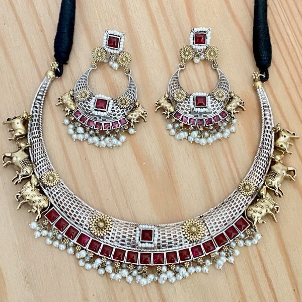 German Silver,Dual Tone,Kemp Stone Hasli Necklace with Nandi Motif,Chandbali Earrings, Indian Bollywood Contemporary Hasli Necklace