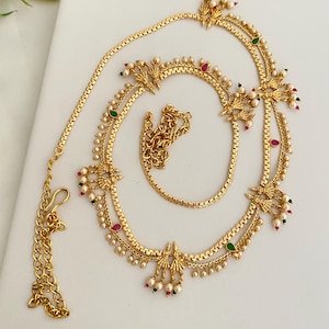 South Indian Bridal Hip Belt | Ruby Green Kambarpatta | Gold Antique Waist Belt | Vaddanam Oddiyanam | Lehenga Saree Belly Chain