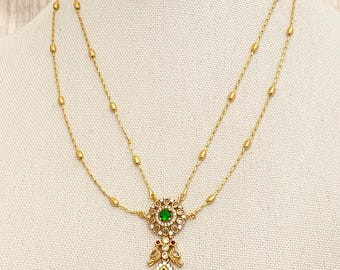 Cadena chapada en oro, collar con colgante de pájaro y piedra rubí, pendientes de botón, joyería india para bodas y fiestas de Bollywood, collar delicado para niños/adolescentes.