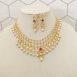 Pachi Kundan Ruby-Green Color Necklace with Pachi Kundan Earrings,Rajasthani Jewelry,Polki Stone,Kundan Jewelry,Sabyasachi Inspired
