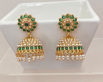Gold Finish Ruby Green Kemp Stone, Antique Jhumka Earrings,Indian Bollywood Jewelry,South Indian Earrings,Indian traditional Ethnic Earrings