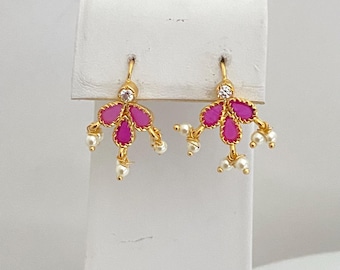 Gold Finish Antique Earrings,Dainty,Small Ruby Bugadi Earrings,Lightweight Kids Earrings,Indian Bollywood Jewelry,Maharashtrian Earrings